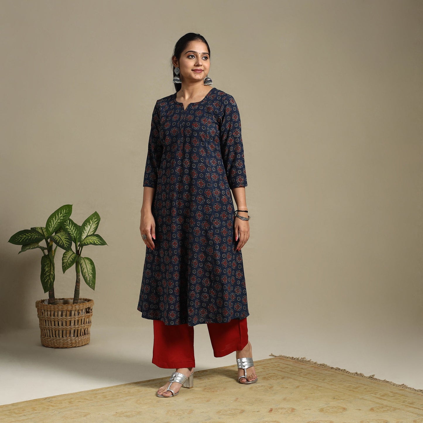 Blue Block Print Natural Dyed Cotton A-Line Ajrakh Kurta