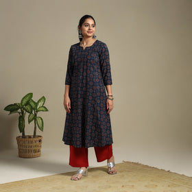 Blue Block Print Natural Dyed Cotton A-Line Ajrakh Kurta