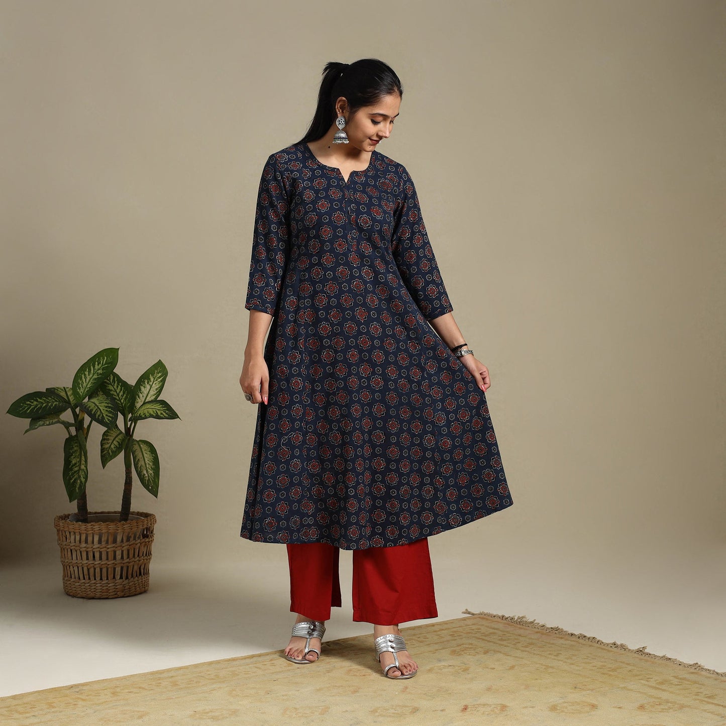 Blue Block Print Natural Dyed Cotton A-Line Ajrakh Kurta
