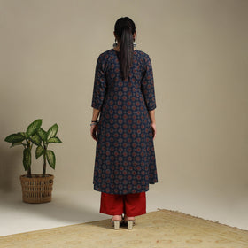Blue Block Print Natural Dyed Cotton A-Line Ajrakh Kurta