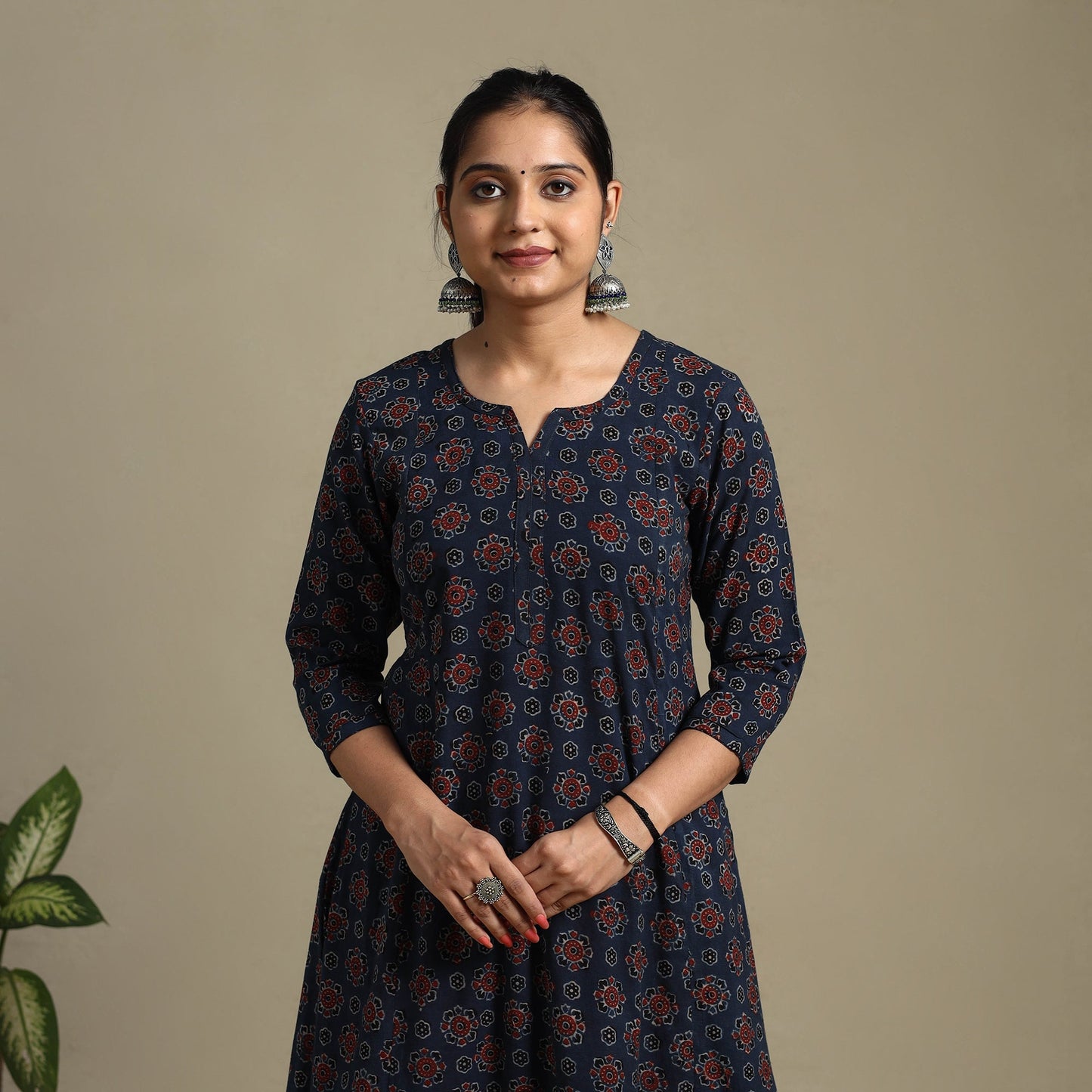 Blue Block Print Natural Dyed Cotton A-Line Ajrakh Kurta