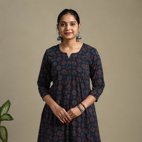 Blue Block Print Natural Dyed Cotton A-Line Ajrakh Kurta