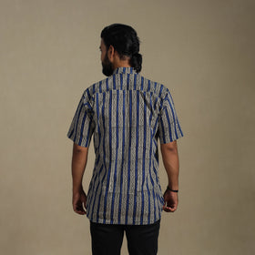 Blue Natural Dyed Block Print Cotton Men Half Sleeve Bagru Shirt