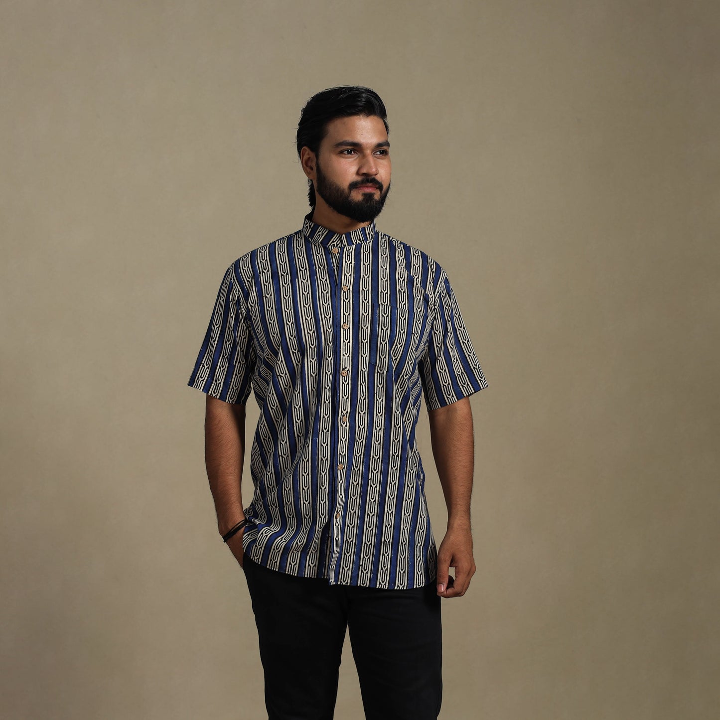 Blue Natural Dyed Block Print Cotton Men Half Sleeve Bagru Shirt