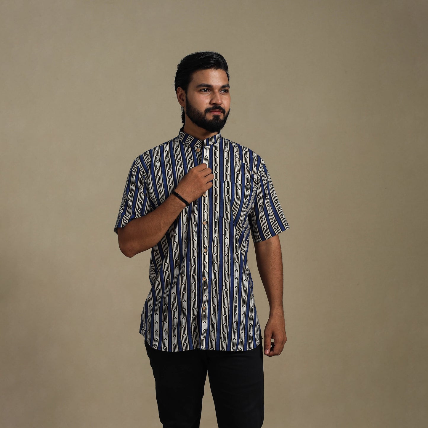 Blue Natural Dyed Block Print Cotton Men Half Sleeve Bagru Shirt