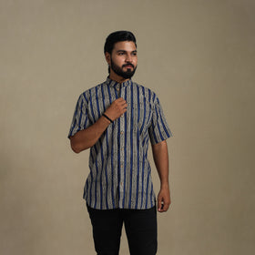 Blue Natural Dyed Block Print Cotton Men Half Sleeve Bagru Shirt
