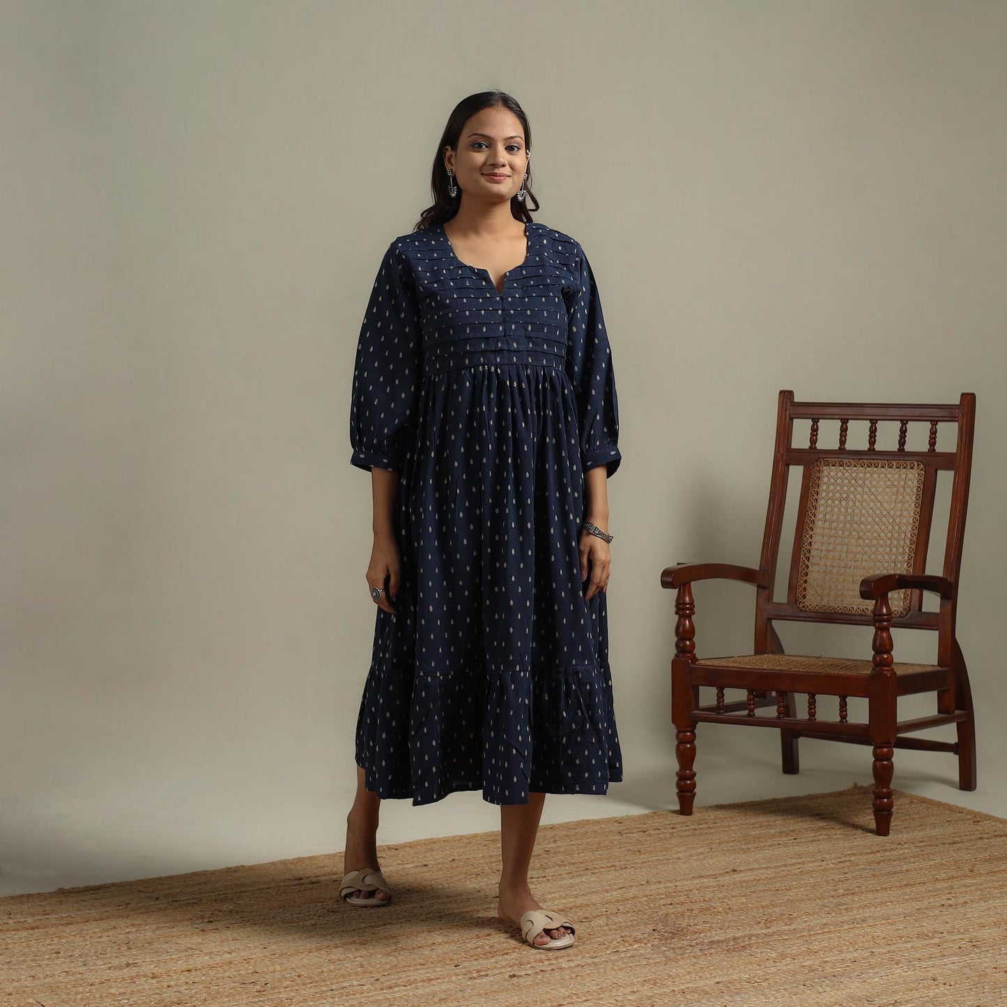 Natural dyed cotton pintuck tiered dress 01 - handcrafted