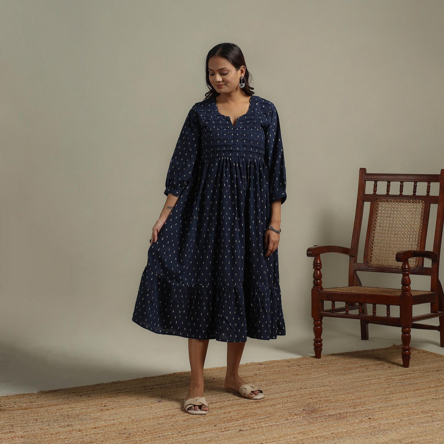 Natural dyed cotton pintuck tiered dress 01 - handcrafted