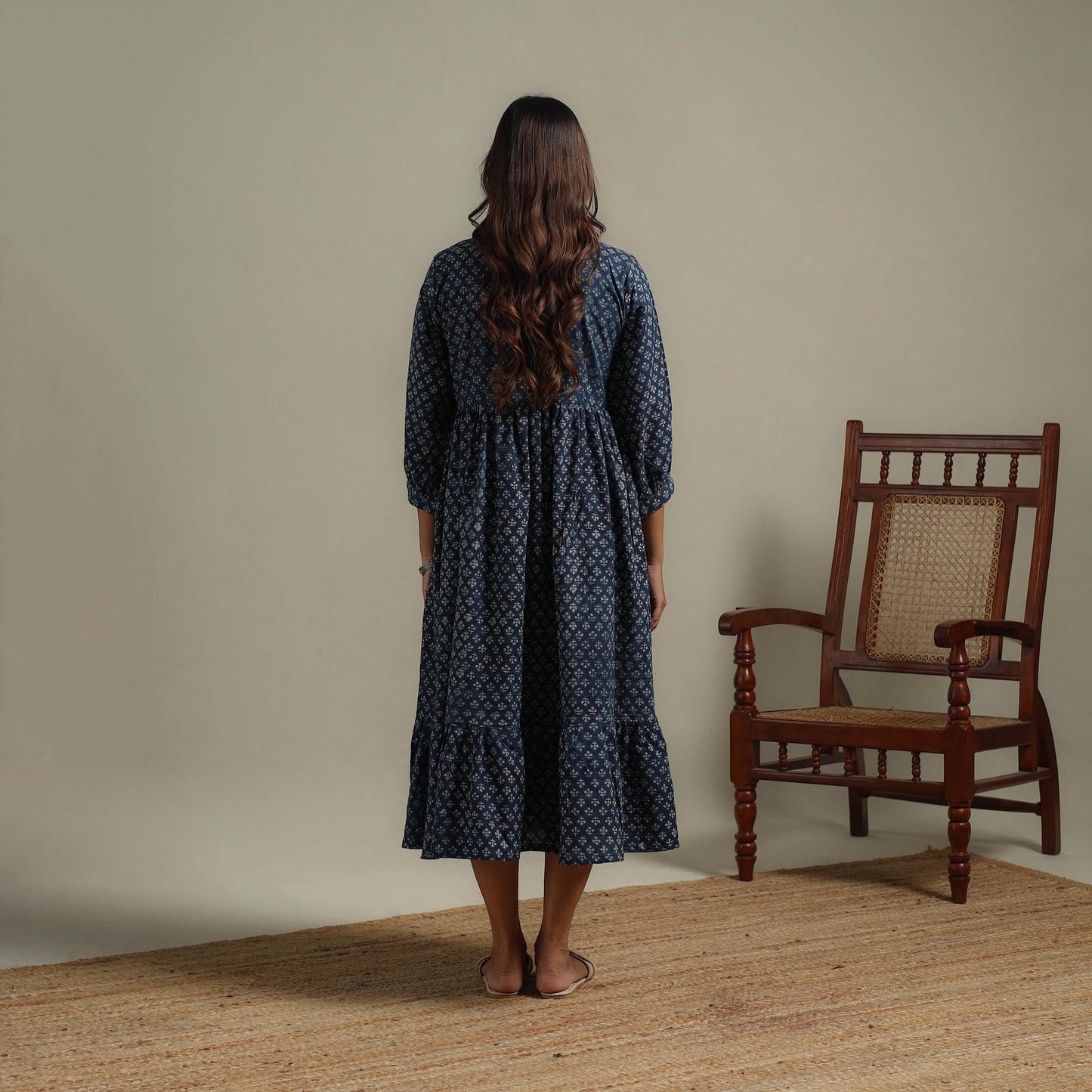 Natural dyed cotton pintuck tiered dress 02 - handcrafted