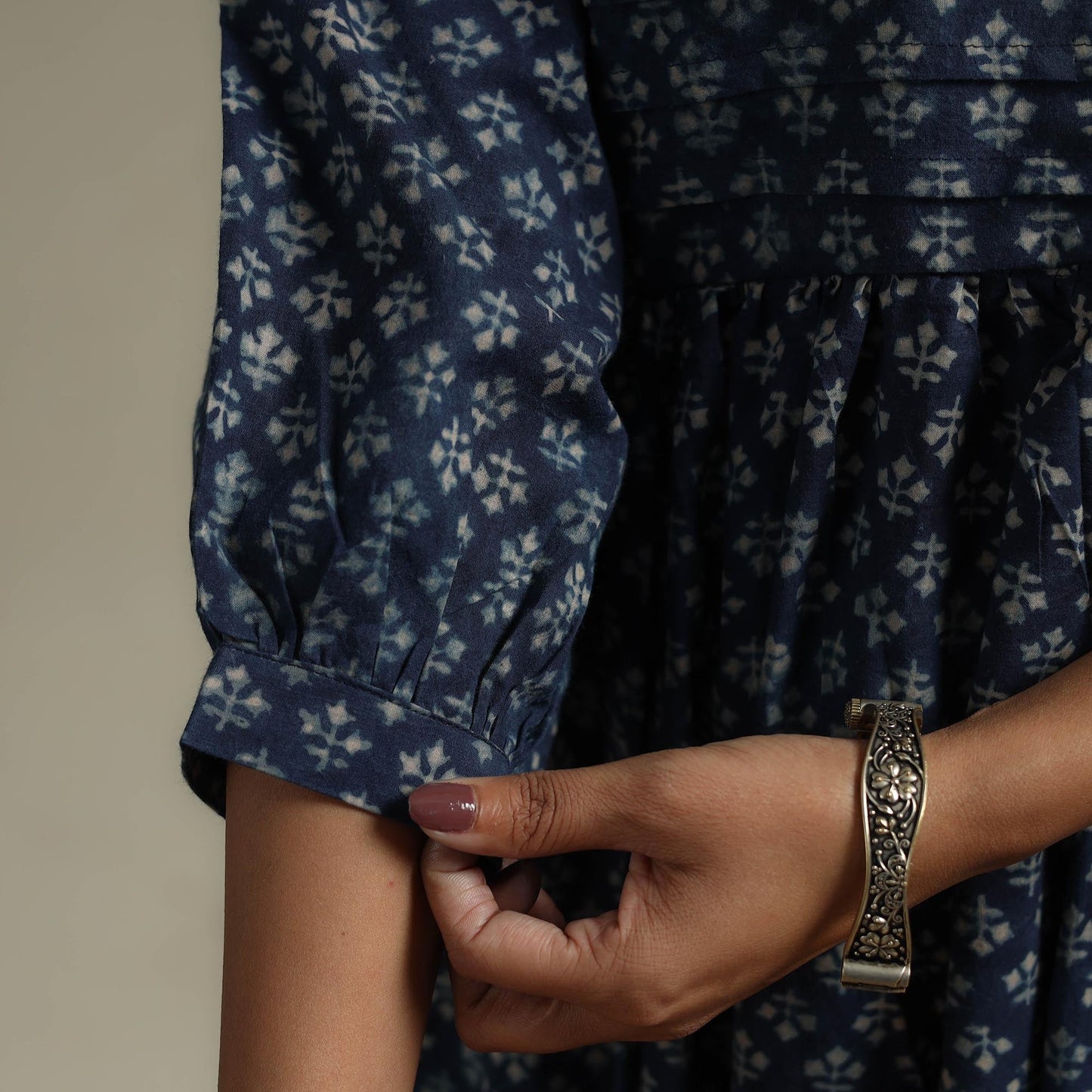 Natural dyed cotton pintuck tiered dress 02 - handcrafted