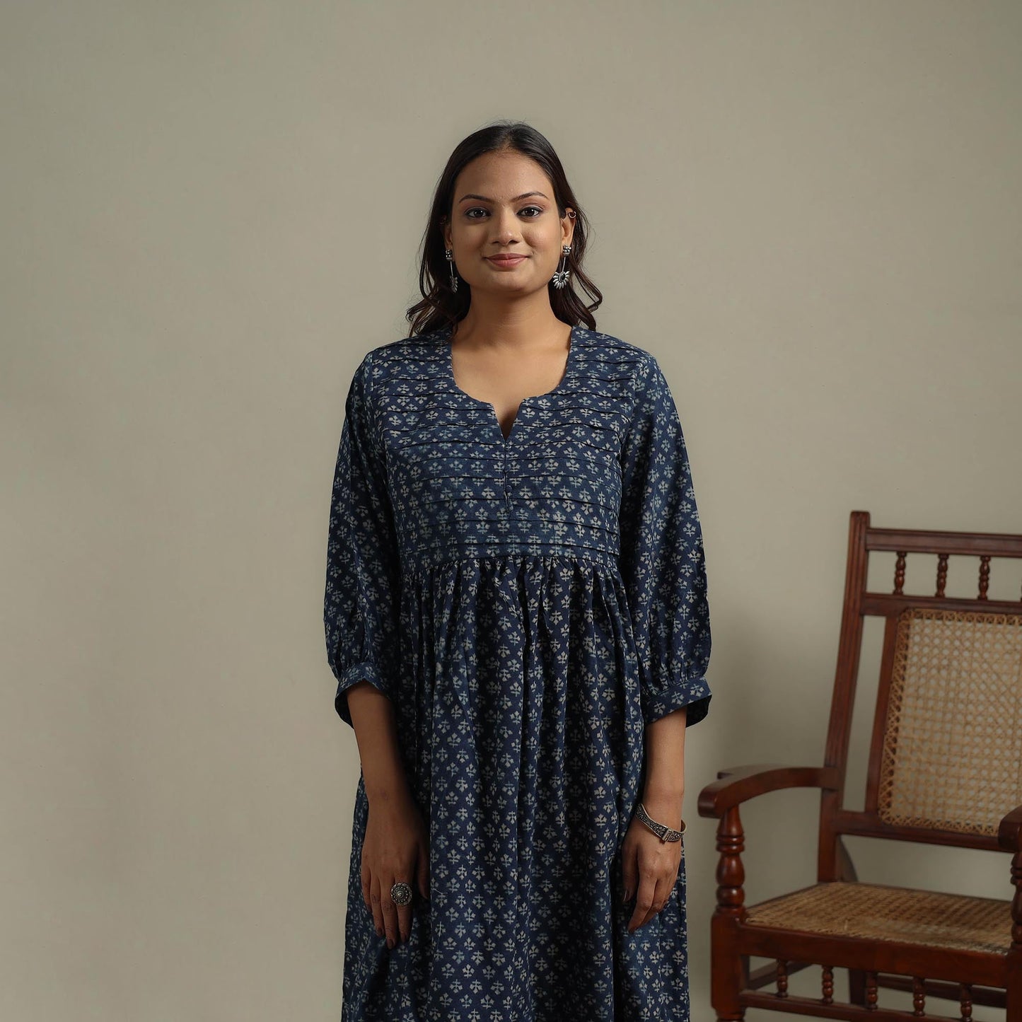 Natural dyed cotton pintuck tiered dress 02 - handcrafted