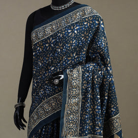 Blue - natural dyed cotton pipad saree 01 - handcrafted