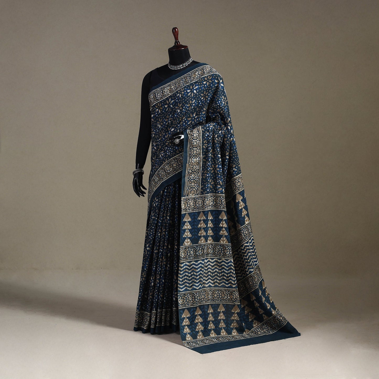 Blue - natural dyed cotton pipad saree 01 - handcrafted