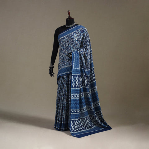 Blue - natural dyed cotton pipad saree 07 - handcrafted
