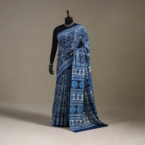 Blue - natural dyed cotton pipad saree 11 - handcrafted