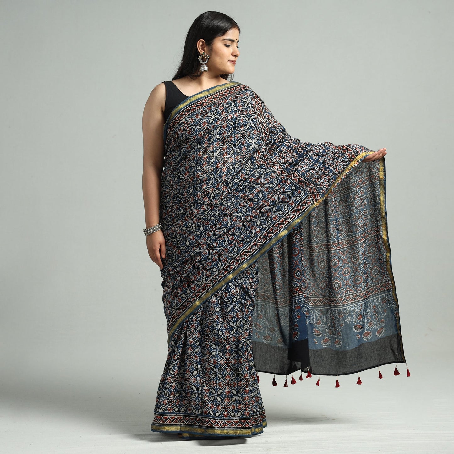 Buy Natural Dyed Block Print Cotton Ajrakh Saree