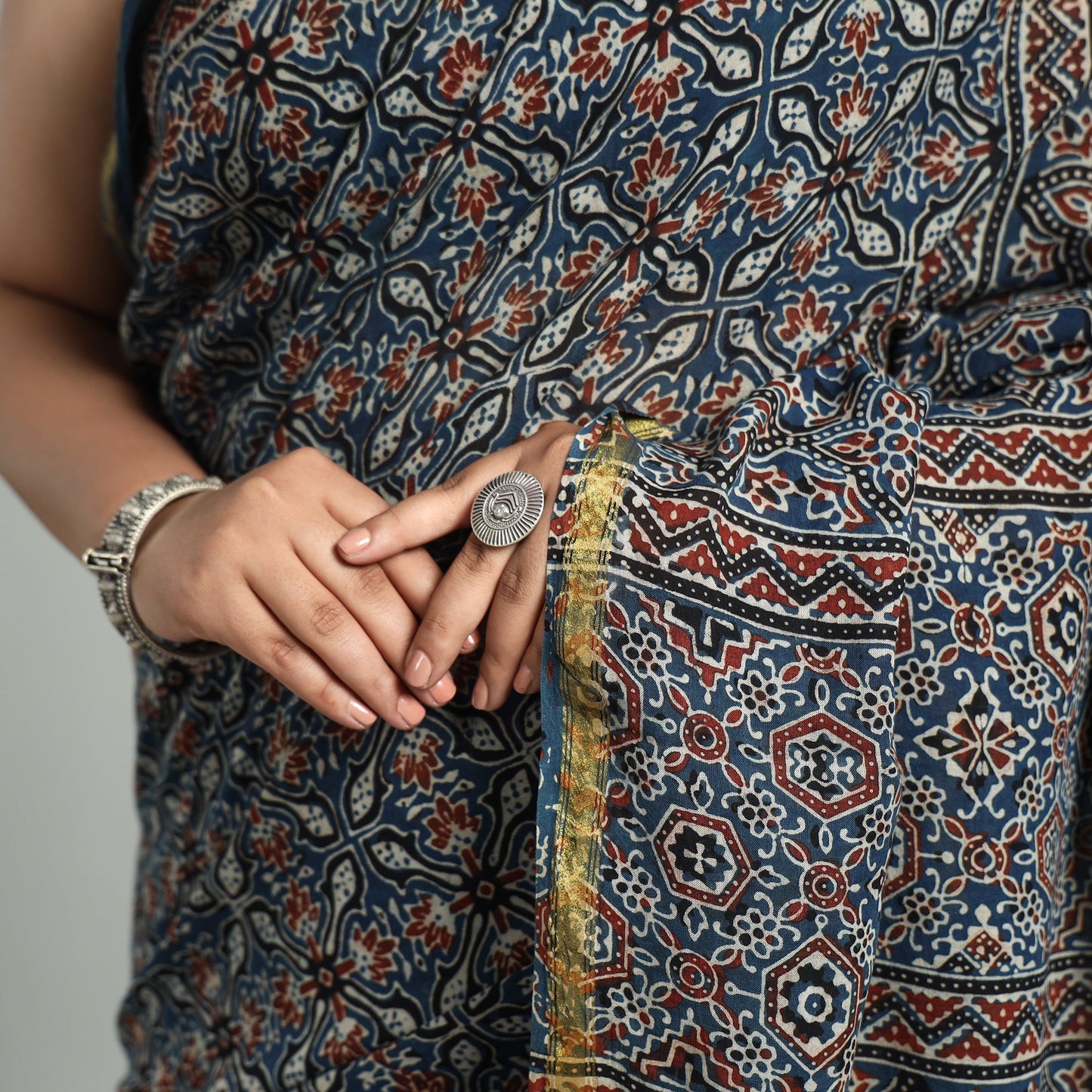 Buy Natural Dyed Block Print Cotton Ajrakh Saree