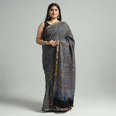 Buy Natural Dyed Block Print Cotton Ajrakh Saree