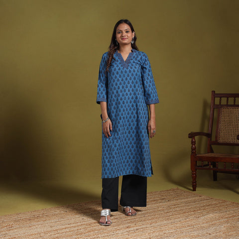 Blue - natural dyed cotton straight bagh kurta 14