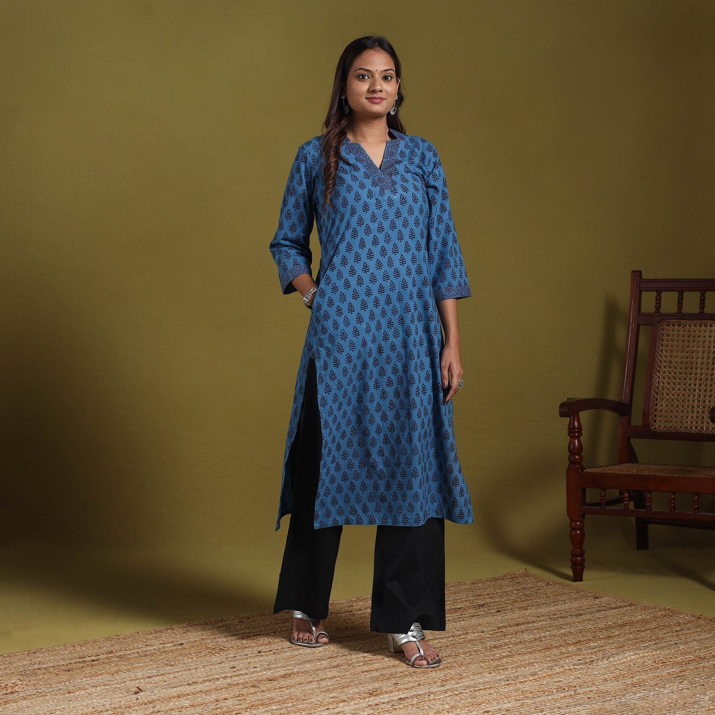 Blue - natural dyed cotton straight bagh kurta 14