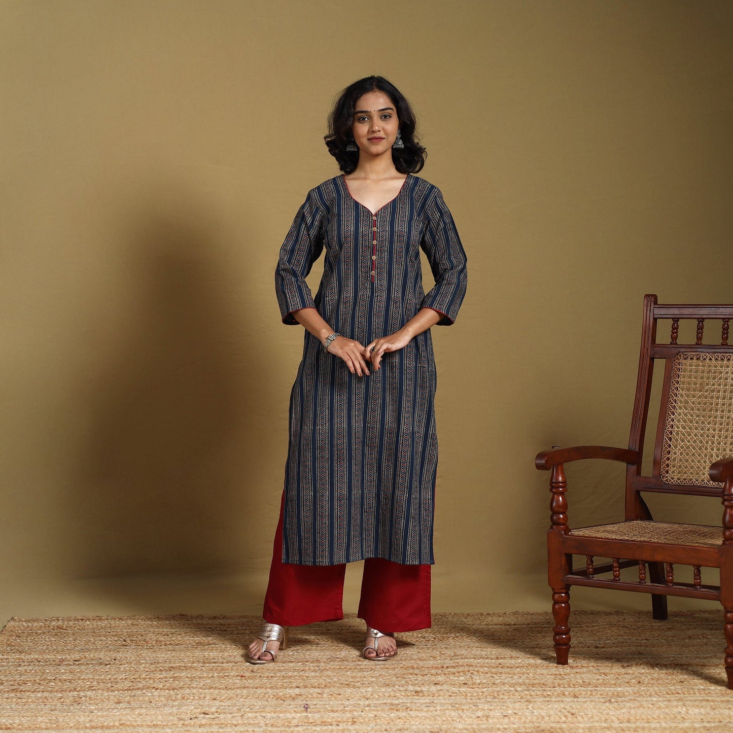 Blue - natural dyed cotton straight hand kurta 24