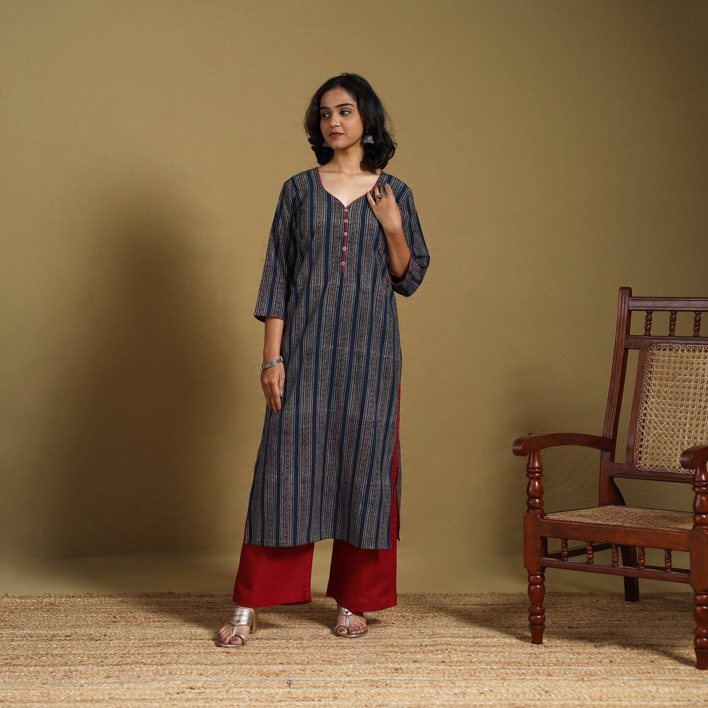 Blue - natural dyed cotton straight hand kurta 24