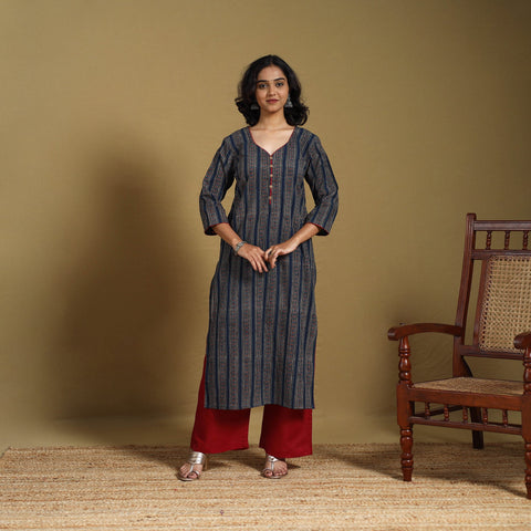 Blue - natural dyed cotton straight hand kurta 24