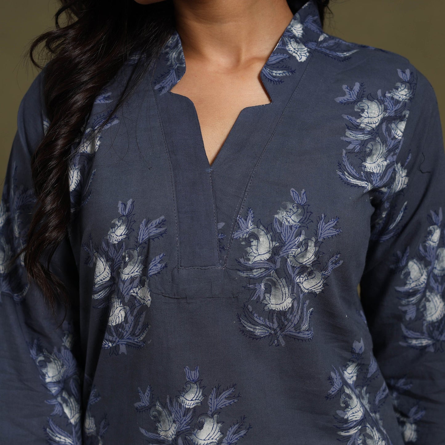 Blue Block Print Natural Dyed Cotton Straight Jahota Kurta