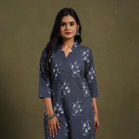 Blue Block Print Natural Dyed Cotton Straight Jahota Kurta