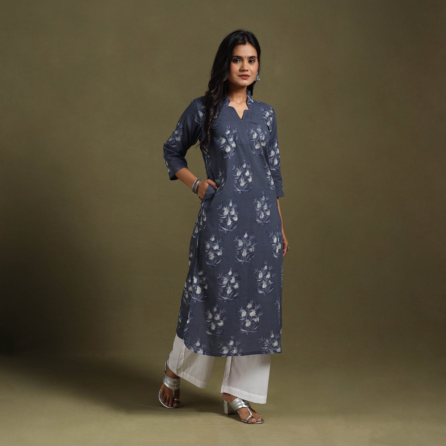 Blue Block Print Natural Dyed Cotton Straight Jahota Kurta