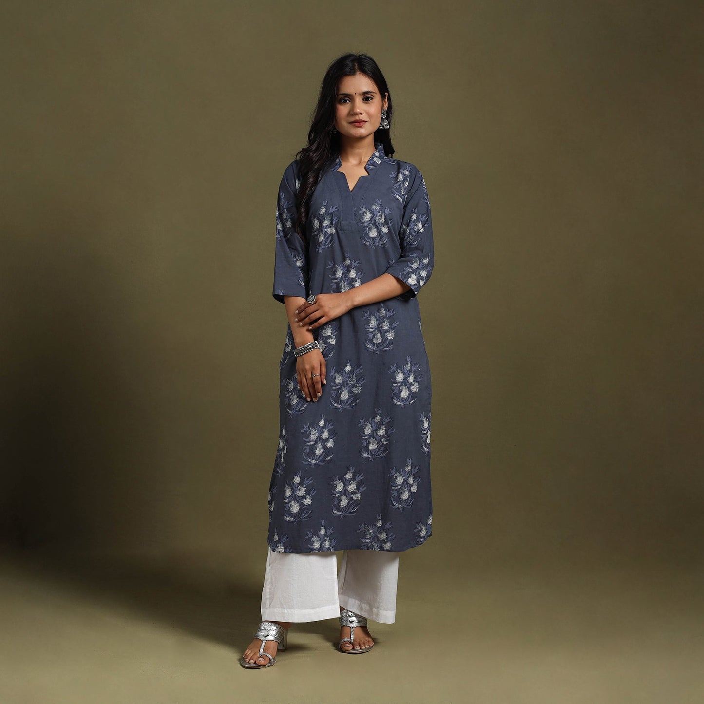 Blue Block Print Natural Dyed Cotton Straight Jahota Kurta