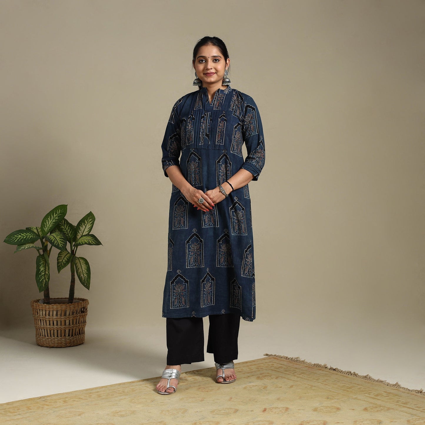 Blue Block Print Natural Dyed Cotton Straight Ajrakh Kurta