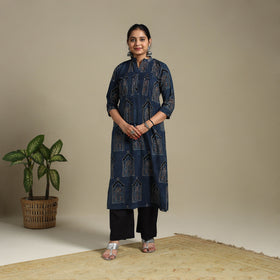 Blue Block Print Natural Dyed Cotton Straight Ajrakh Kurta