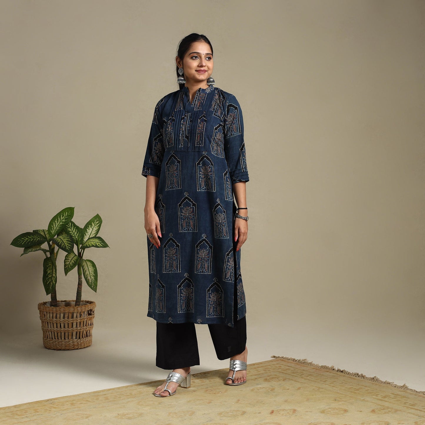 Blue Block Print Natural Dyed Cotton Straight Ajrakh Kurta