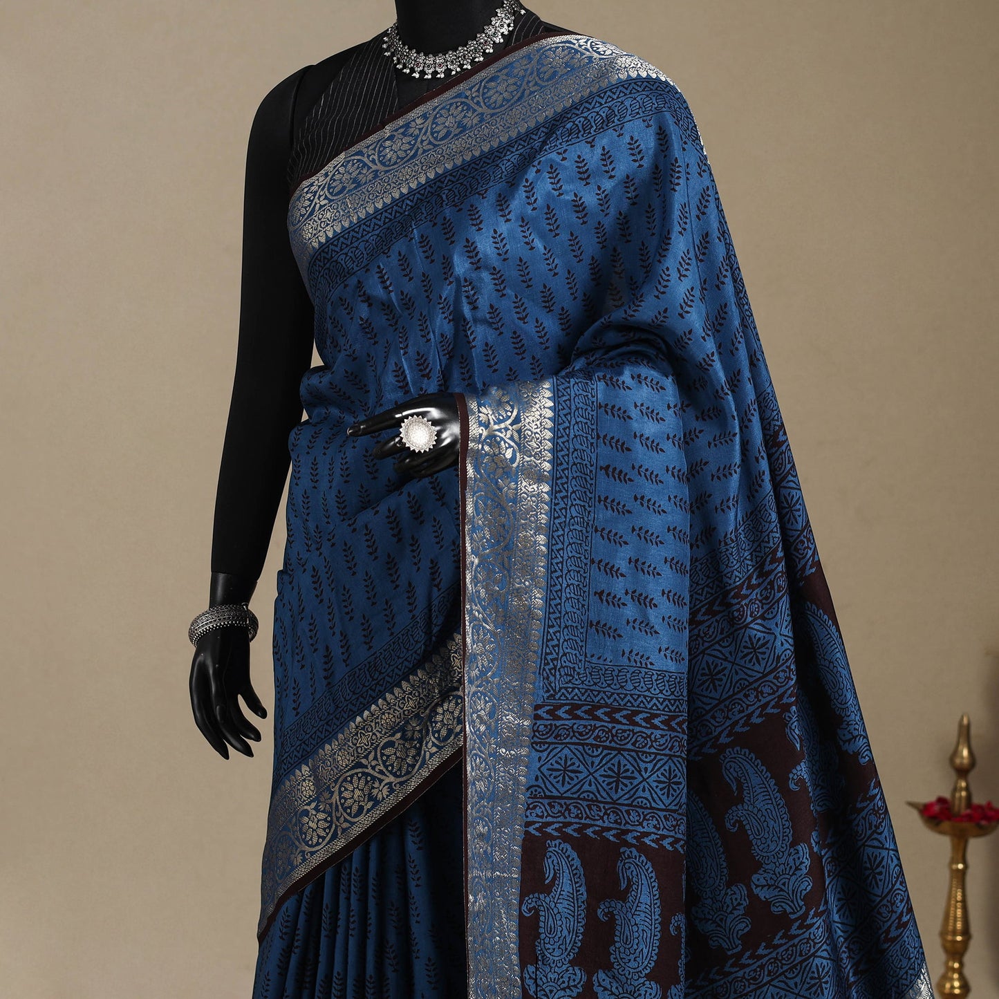 Blue - natural dyed dola silk bagh saree with zari border