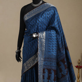 Blue - natural dyed dola silk bagh saree with zari border