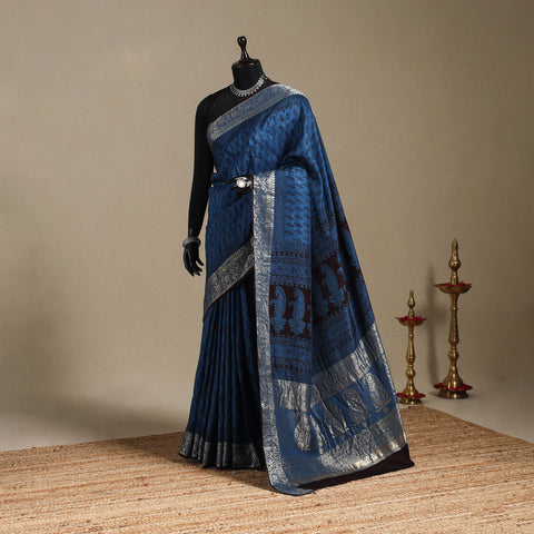 Blue - natural dyed dola silk bagh saree with zari border