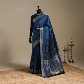 Blue - natural dyed dola silk bagh saree with zari border