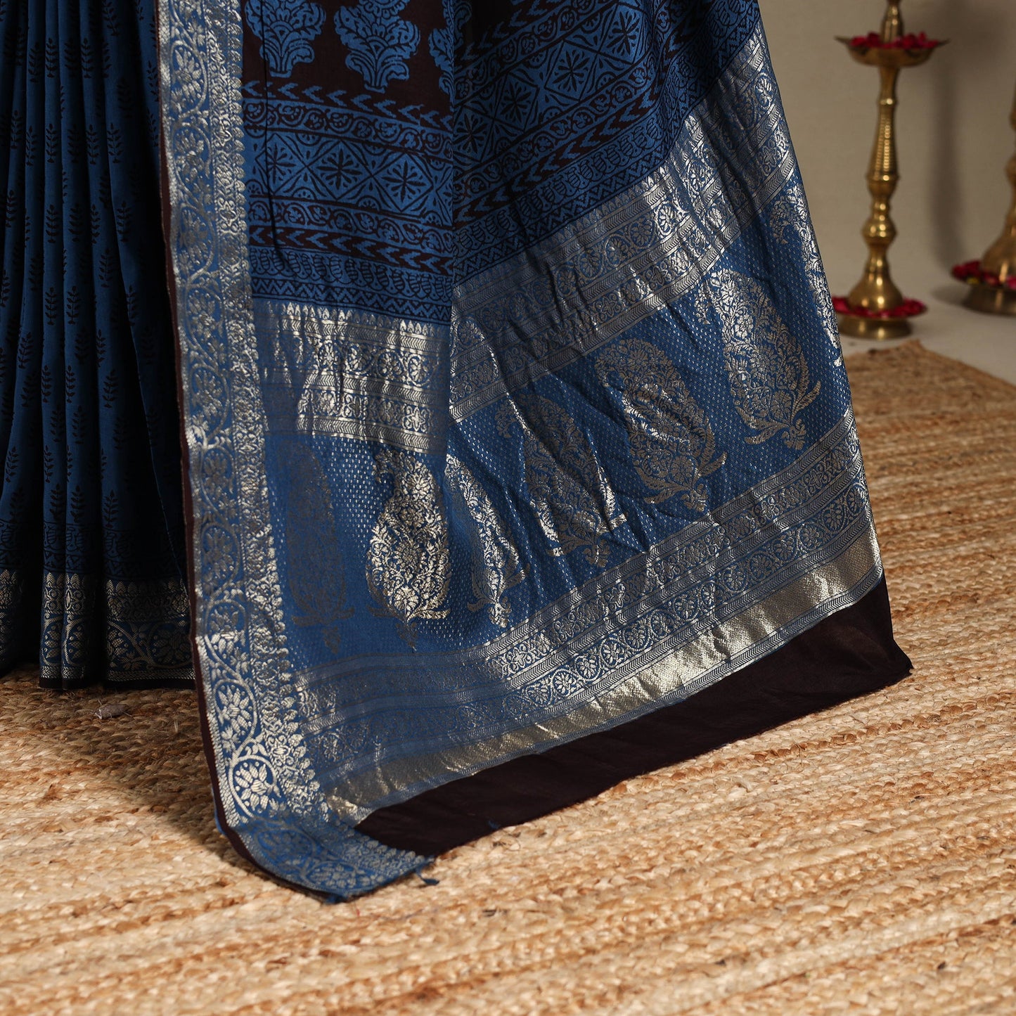 Blue - natural dyed dola silk bagh saree with zari border