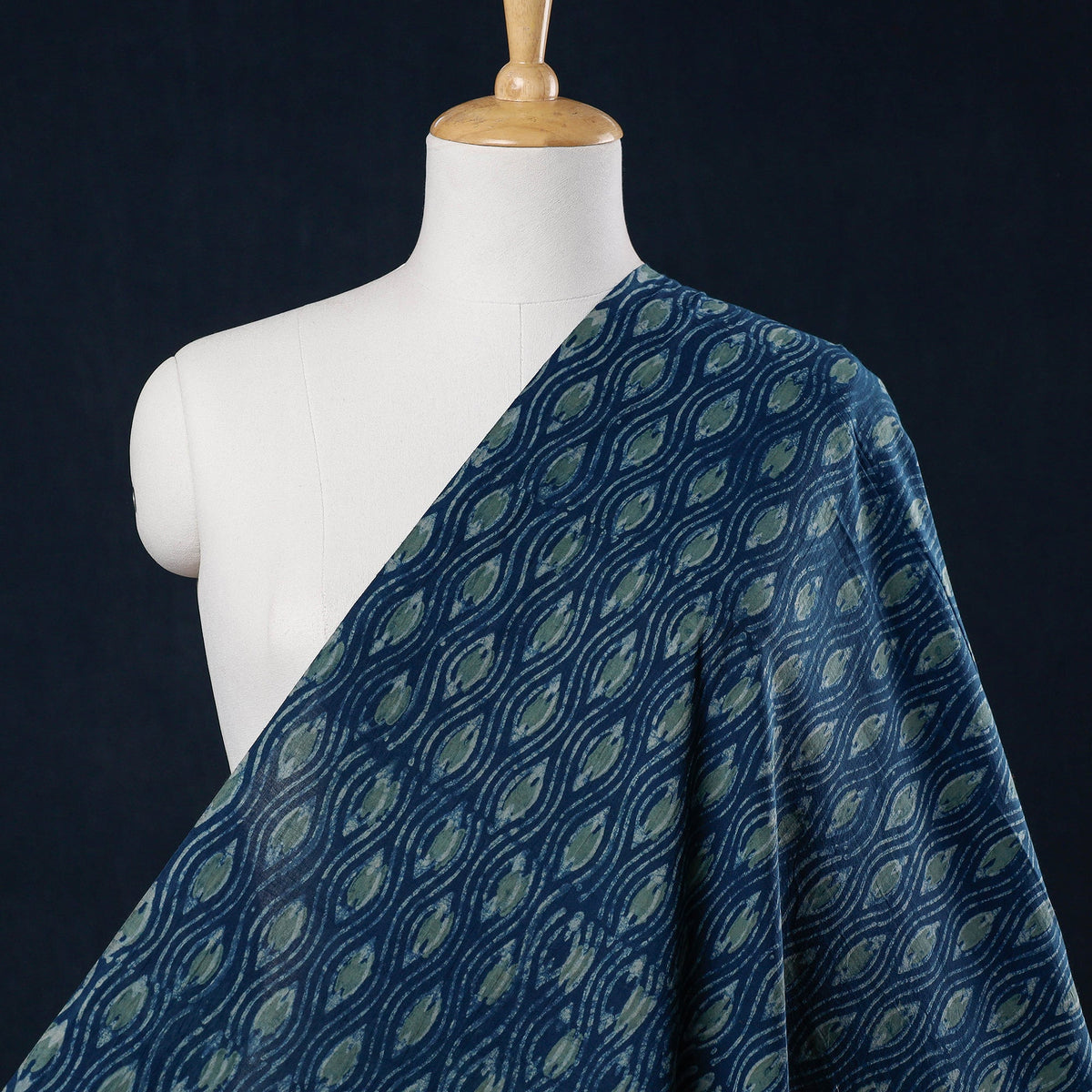 Blue - natural dyed hand block print cotton akola fabric 01