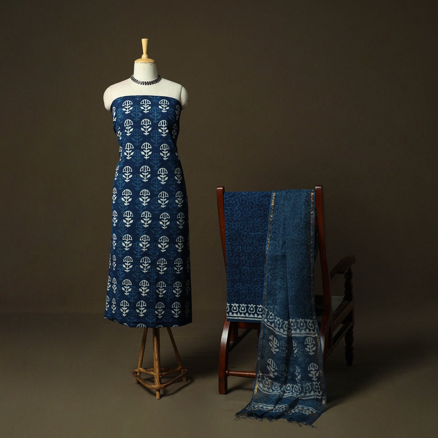 Natural dyed hand block print cotton indigo bagru 3pc