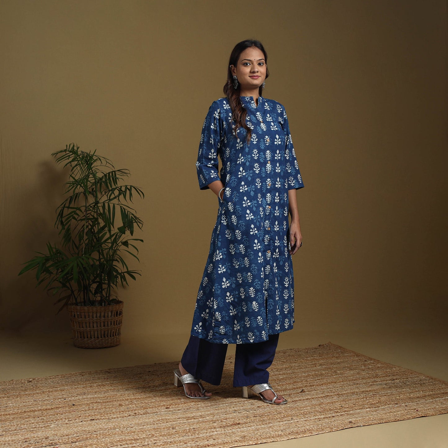 Blue - natural dyed indigo cotton a-line bagru kurta 01