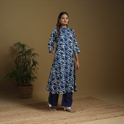 Blue - natural dyed indigo cotton a-line bagru kurta 03