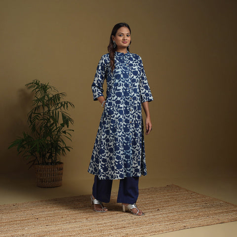 Blue - natural dyed indigo cotton a-line bagru kurta 03