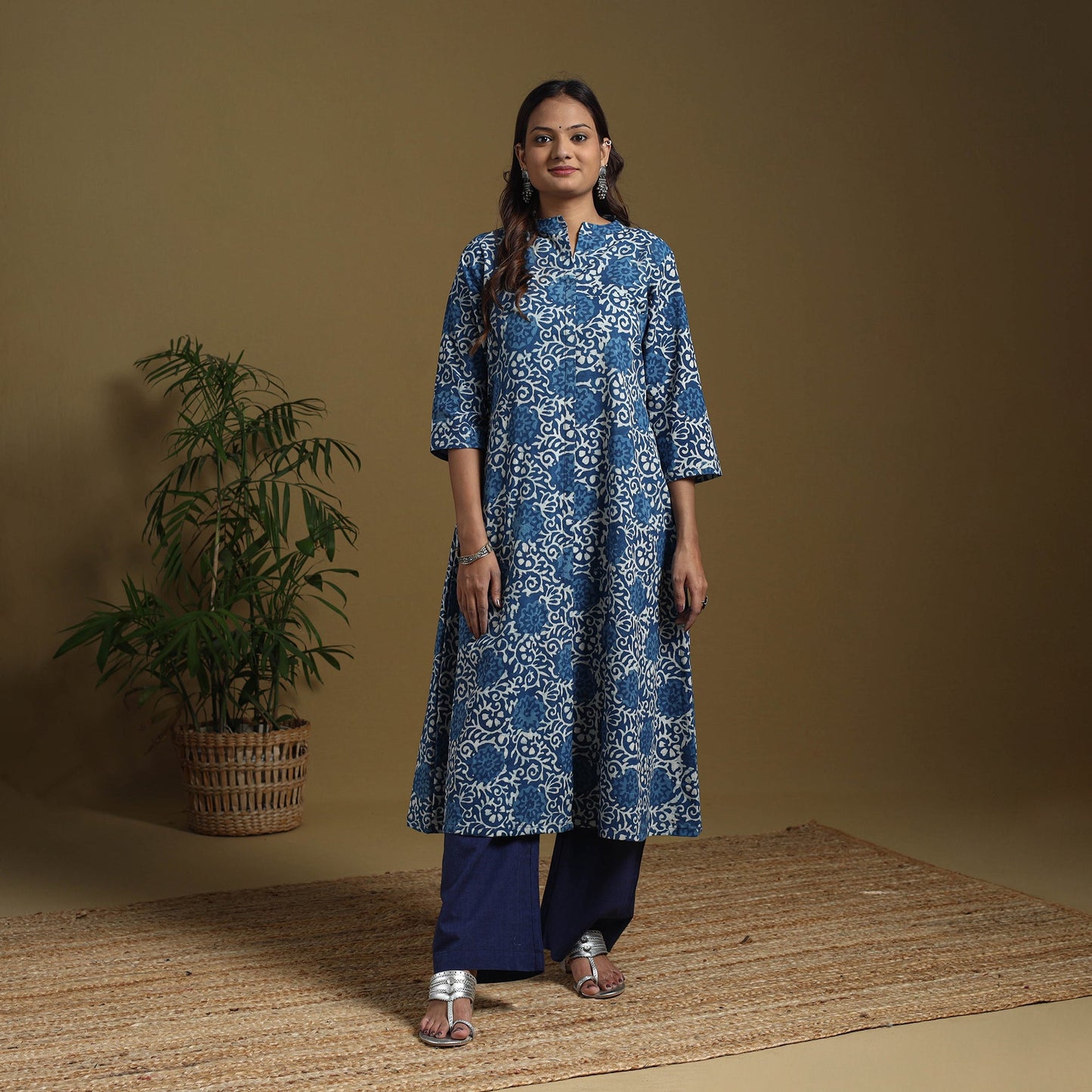Blue - natural dyed indigo cotton a-line bagru kurta 05