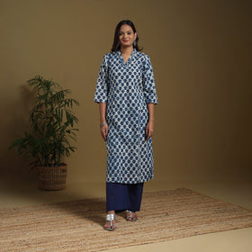 Blue - natural dyed indigo cotton straight bagru kurta 06