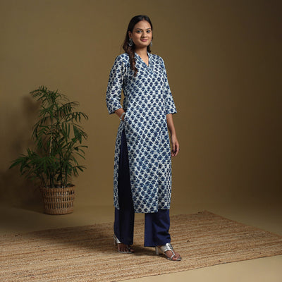 Blue - natural dyed indigo cotton straight bagru kurta 06