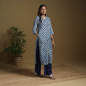 Blue - natural dyed indigo cotton straight bagru kurta 06