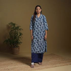 Blue - natural dyed indigo cotton straight bagru kurta 08