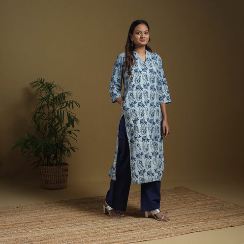 Blue - natural dyed indigo cotton straight bagru kurta 09